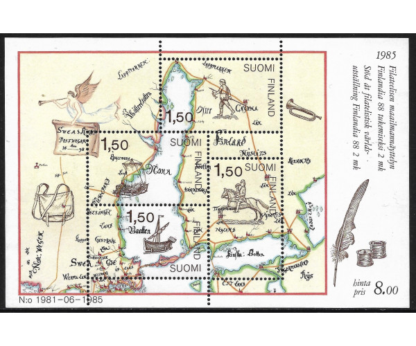 Финляндия. Международная филателистическая выставка FINLANDIA-88, Хельсинки. История почты. Доставка почты в XVII веке. Блок