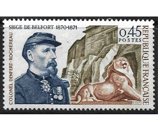 Франция. 100-летие осады Бельфора. Французский полковник Пьер Мари Филипп Аристид Данфер-Рошро. Марка Франция. 100-летие осады Бельфора. Французский полковник Пьер Мари Филипп Аристид Данфер-Рошро. Марка