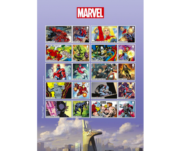 Великобритания. Комиксы MARVEL. Лист 10 марок и 10 купонов